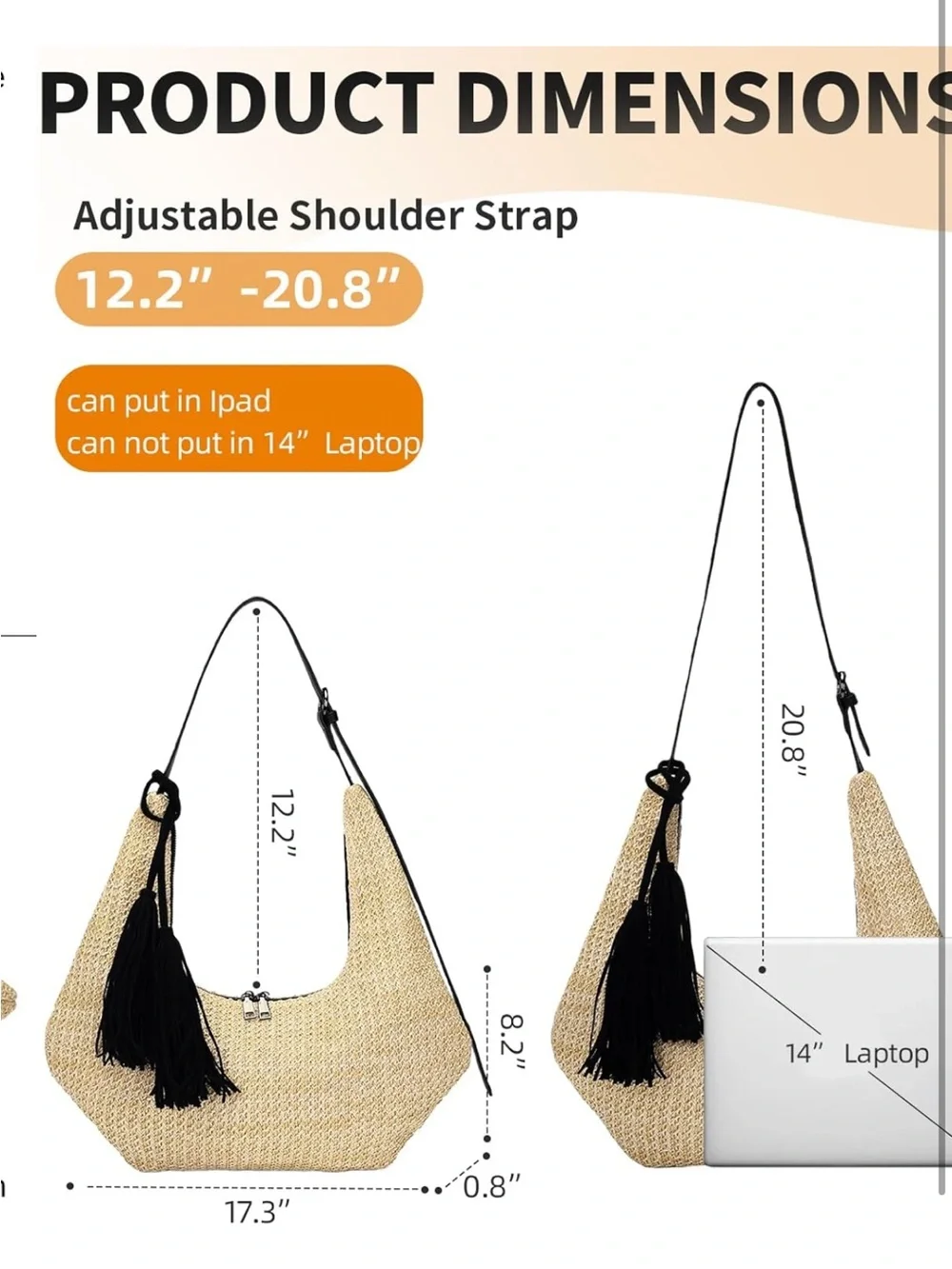 Straw Hobo Shoulder Bag with Tassel, Summer Beach Crossbody Purse